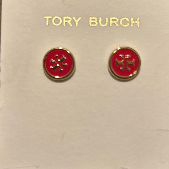 Tory Burch Gold Tone Signature Stud Earrings Red Enamel Double T Logo NEW - Picture 2 of 5